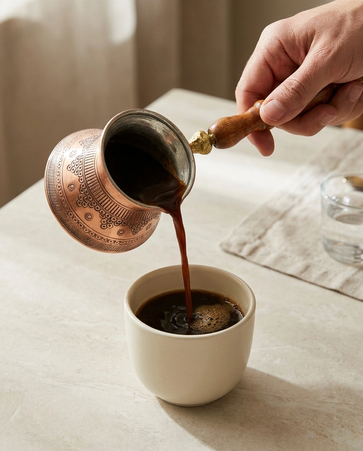 Ahşap sapından tutulan işlemeli bakır cezveden beyaz seramik fincana kahve dolduruluyor. - Gaziantep Bakırcılık