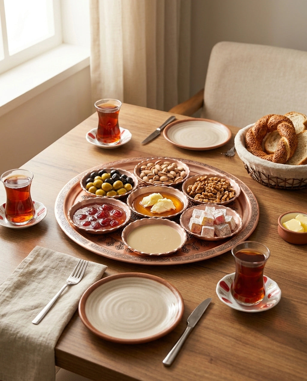 Çay ve simit eşliğinde hazırlanan şık sofrada rumi motifli bakır kahvaltı takımı kullanımı - Gaziantep Bakırcılık
