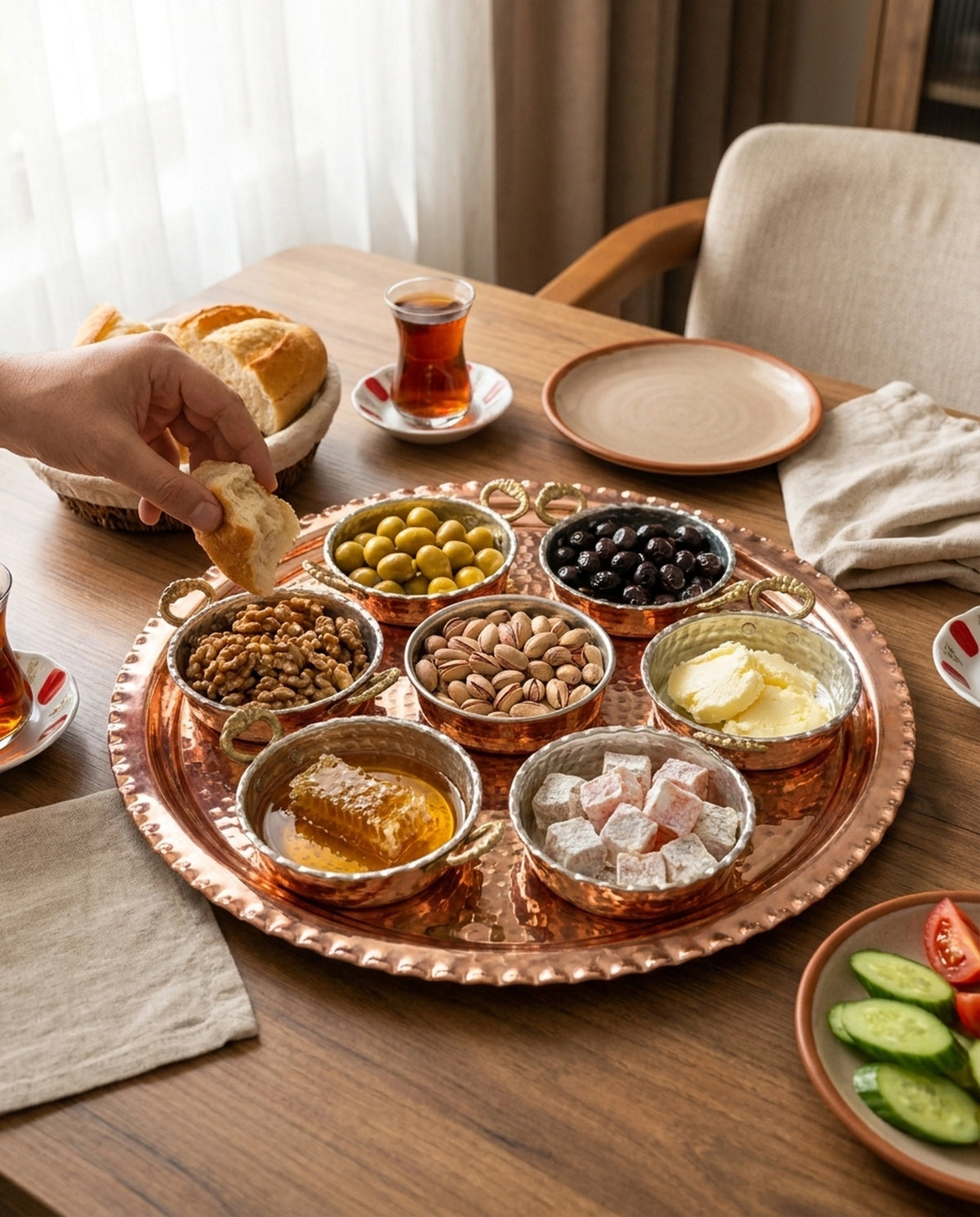 Sofradaki bakır kaseden ekmekle bal alan bir el ve zengin kahvaltı sunumu. - Gaziantep Bakırcılık