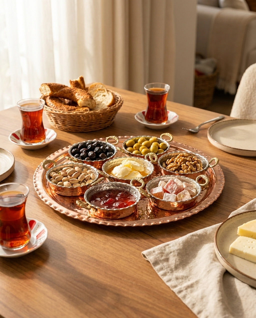 İçi dolu bakır kahvaltı seti ve çay bardakları ile donatılmış şık sofra sunumu. - Gaziantep Bakırcılık