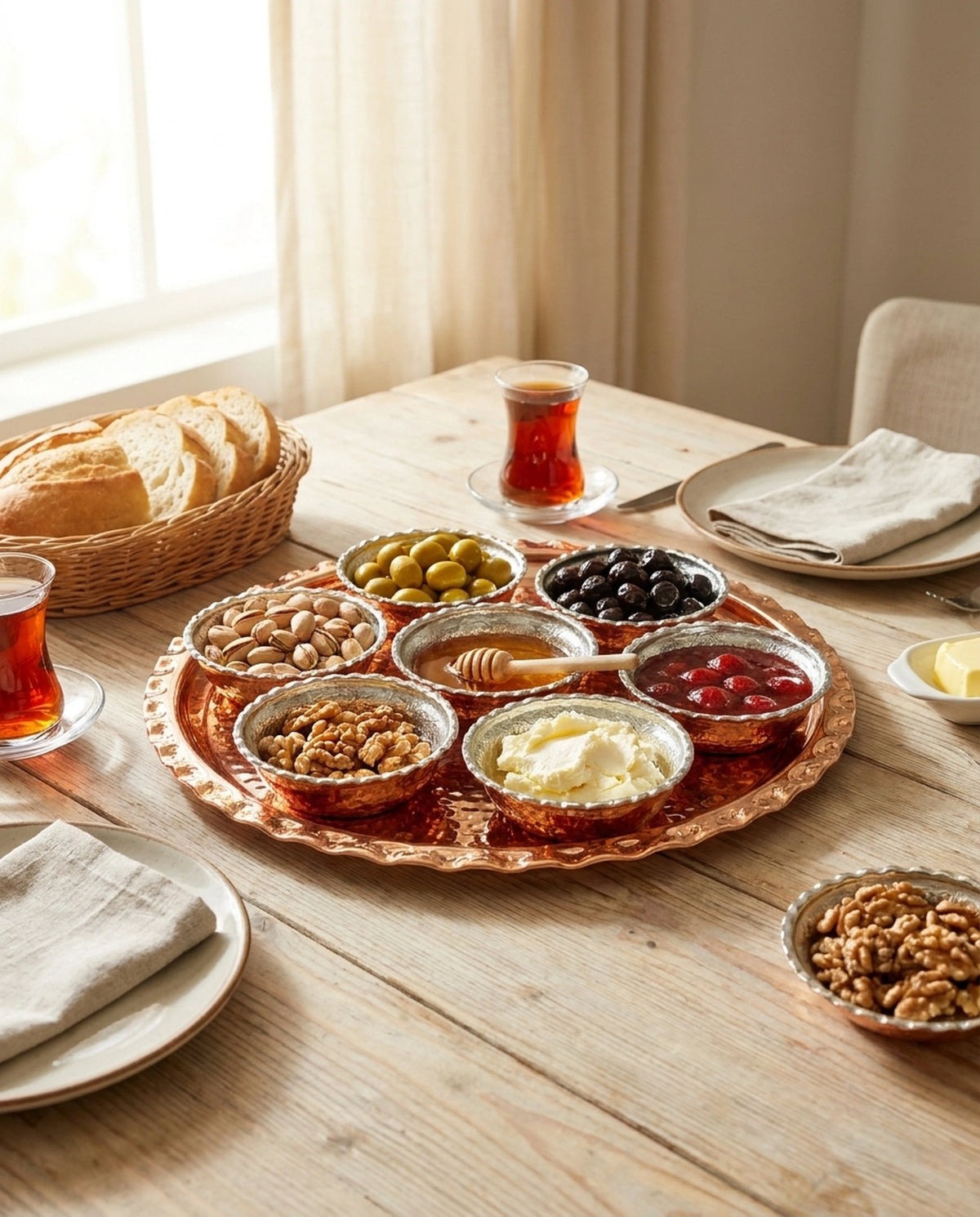 Ahşap masa üzerinde dolu bakır kahvaltı takımı, ekmek sepeti ve çay ile hazırlanan sofra - Gaziantep Bakırcılık