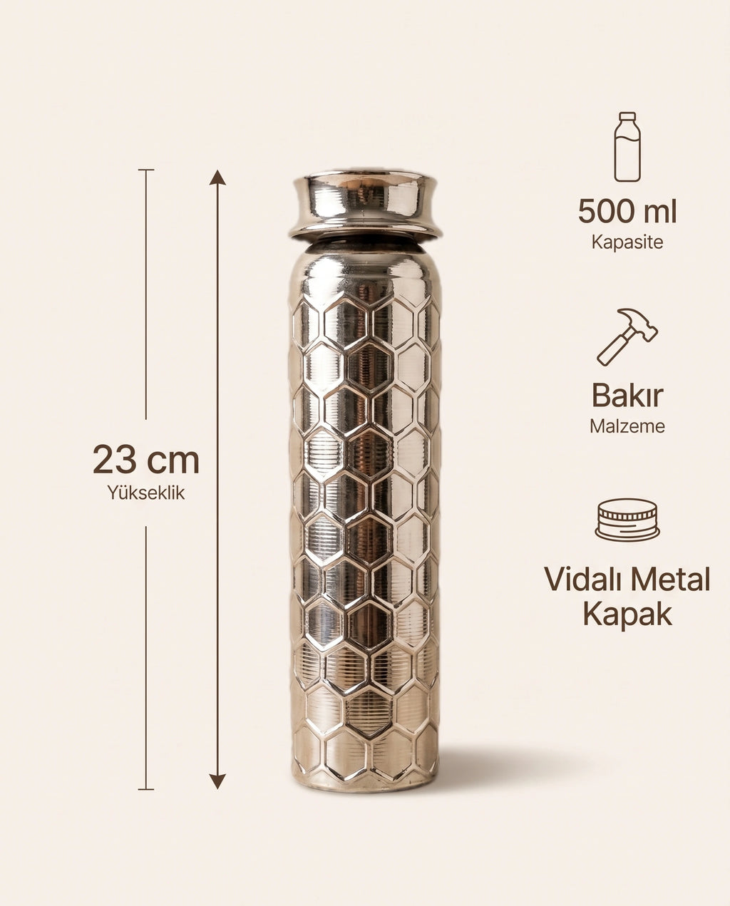 Bal Peteği Desenli Gümüş Rengi Bakır Matara 500 ml, Antep İşi - Bilgi İnfografiği - Gaziantep Bakırcılık