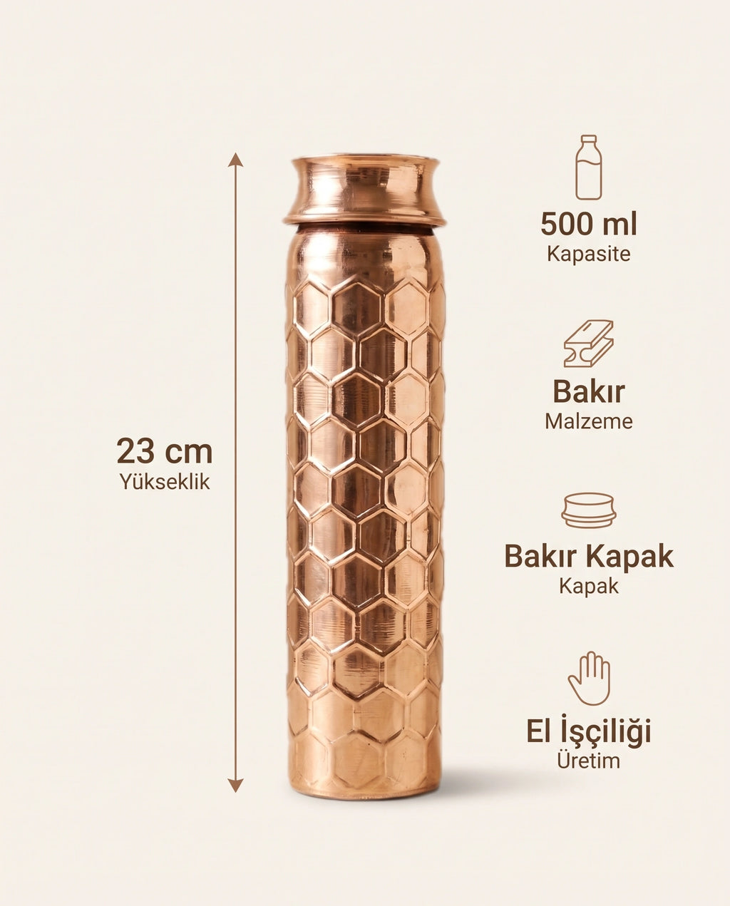 Bal Peteği Desenli Kızıl Bakır Matara 500 ml, Antep İşi - Bilgi İnfografiği - Gaziantep Bakırcılık