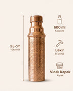 Balık Pulu Desenli Kızıl Bakır Matara 600 ml Vidalı Kapaklı, Antep İşi - Bilgi İnfografiği - Gaziantep Bakırcılık