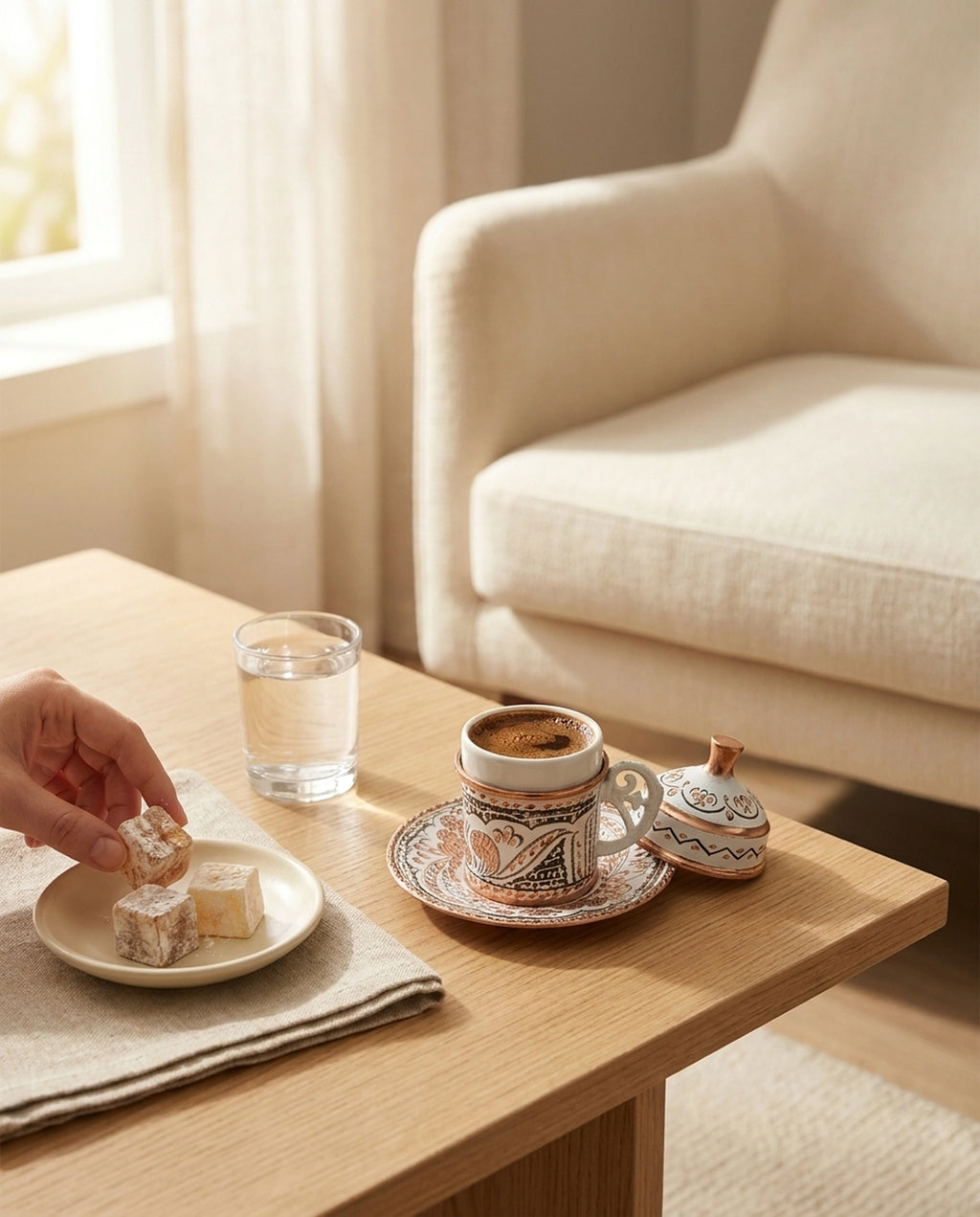 Oturma odası sehpasında kahve fincanı sunumu yer alırken, bir el tabaktaki lokuma uzanıyor. - Gaziantep Bakırcılık