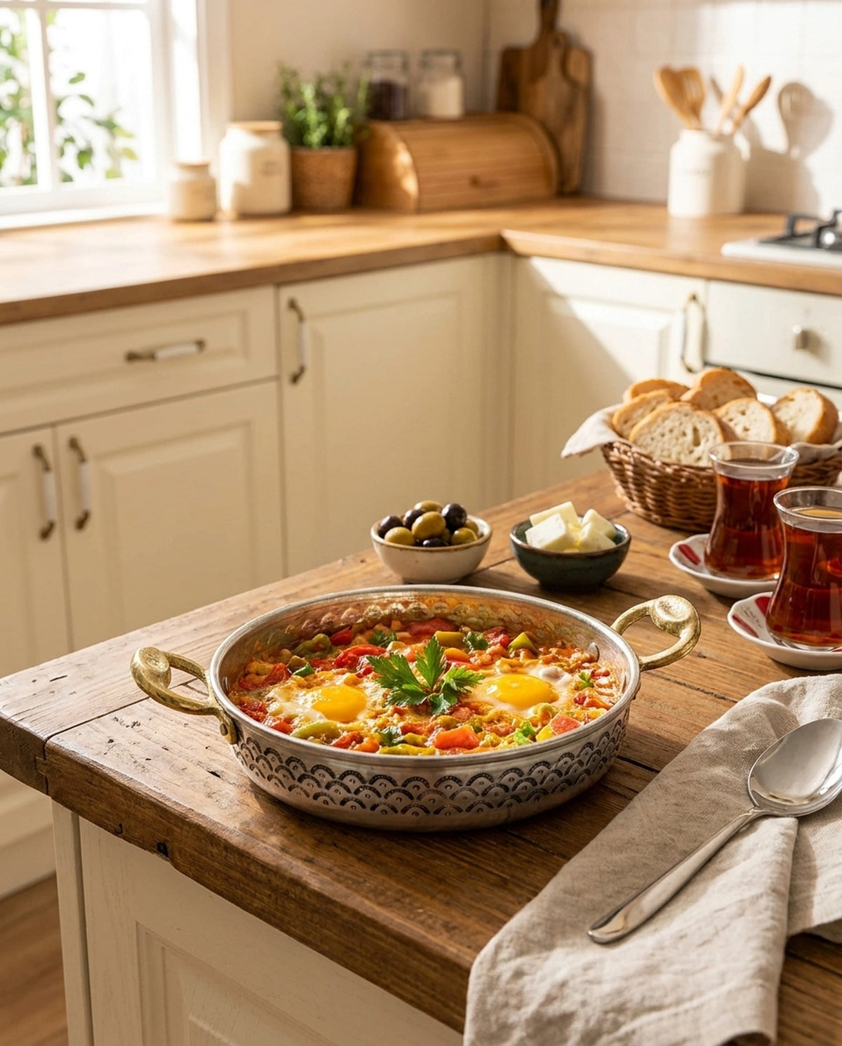 Zengin bir kahvaltı sofrasında içinde menemen bulunan dalga nakışlı bakır sahan. - Gaziantep Bakırcılık