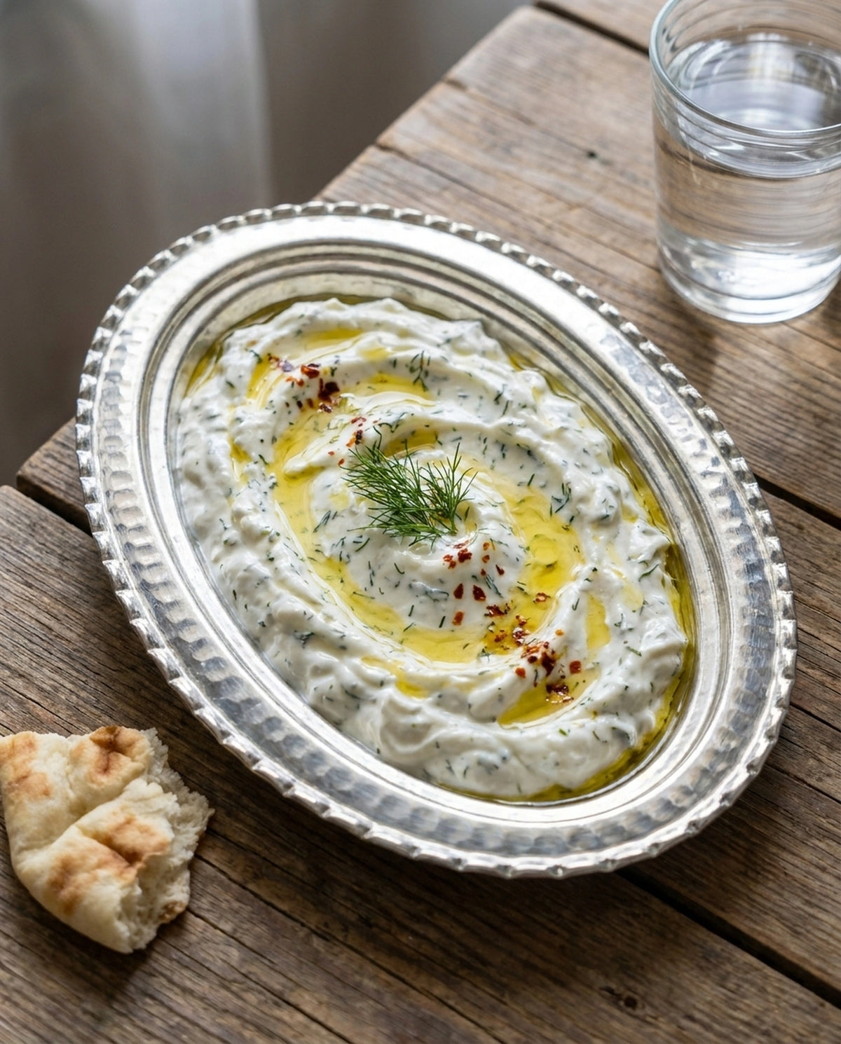 Ahşap masada, kalaylı bakır sunum tabağı içerisinde zeytinyağlı ve dereotlu meze servisi. - Gaziantep Bakırcılık