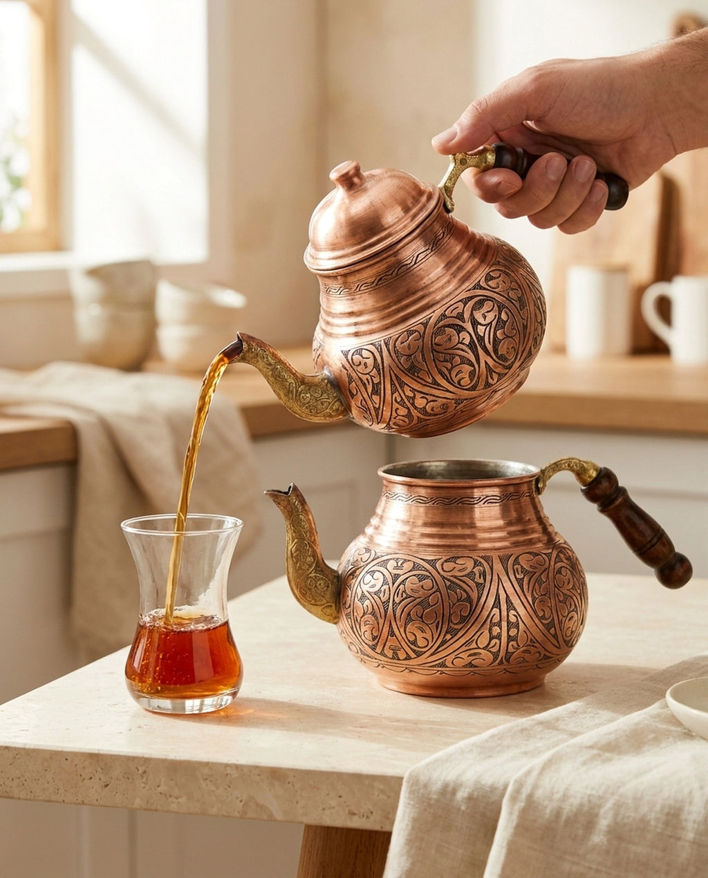 Kızıl bakır demlikten ince belli bardağa çay servis anı - Gaziantep Bakırcılık