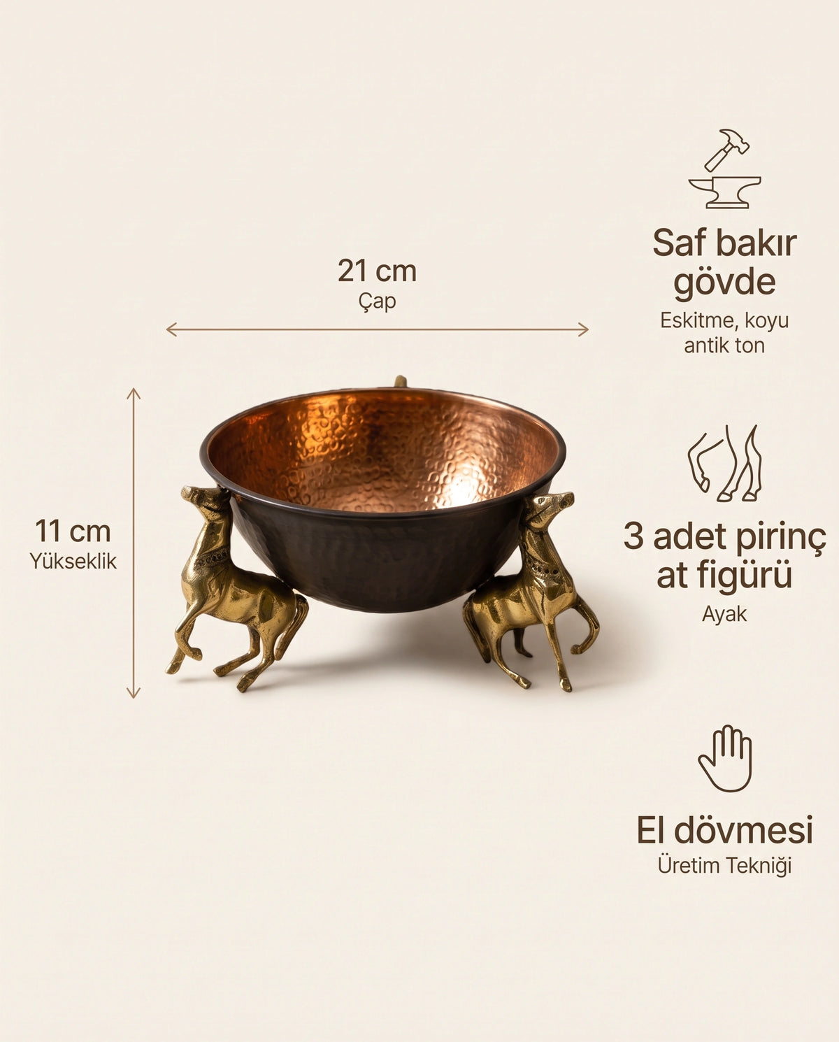 Büyük Boy At Ayaklı Eskitme Bakır Sunumluk (21 cm) - Bilgi İnfografiği - Gaziantep Bakırcılık