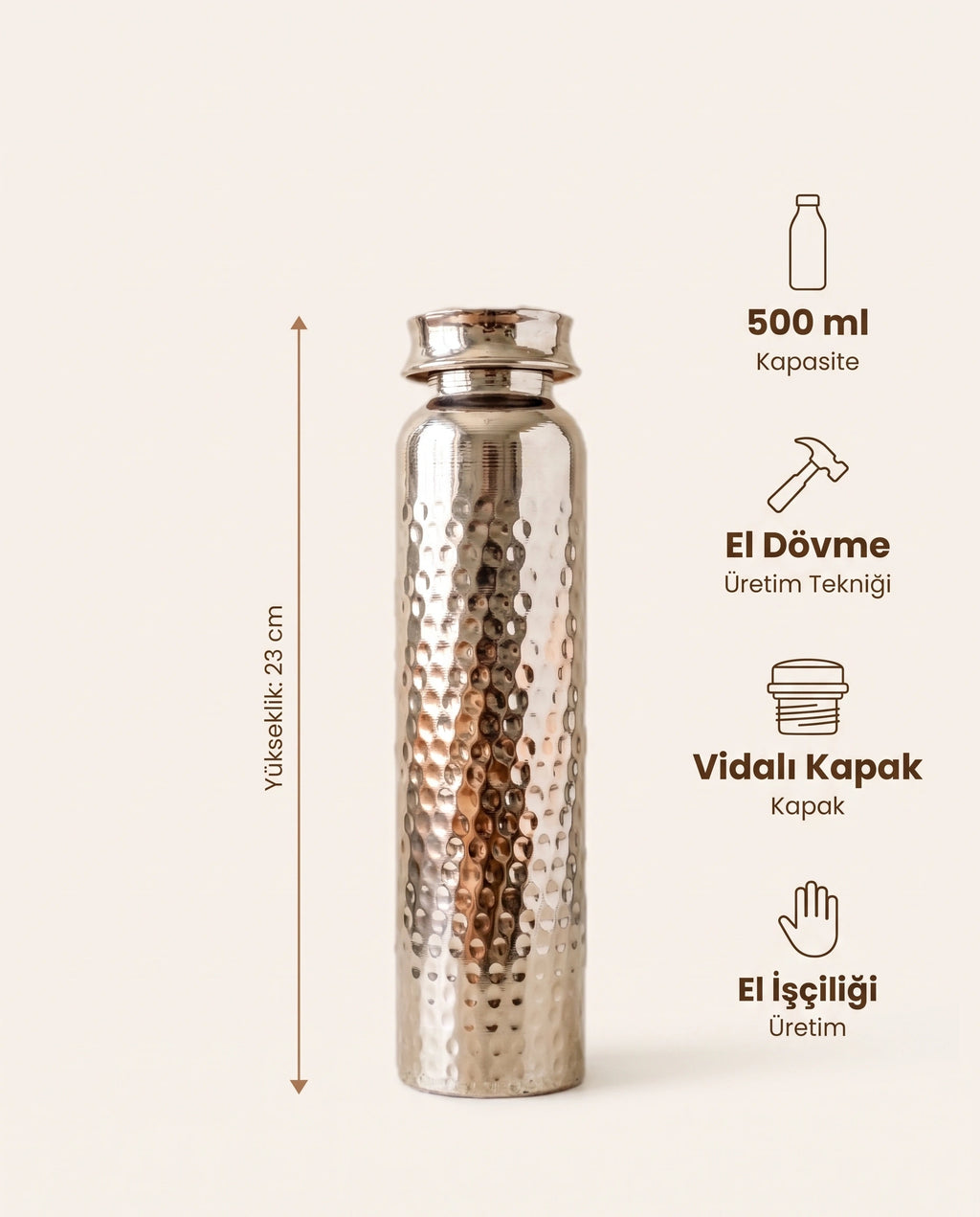 Çekiç Dövme Desenli Gümüş Bakır Matara 500 ml, Antep İşi - Bilgi İnfografiği - Gaziantep Bakırcılık