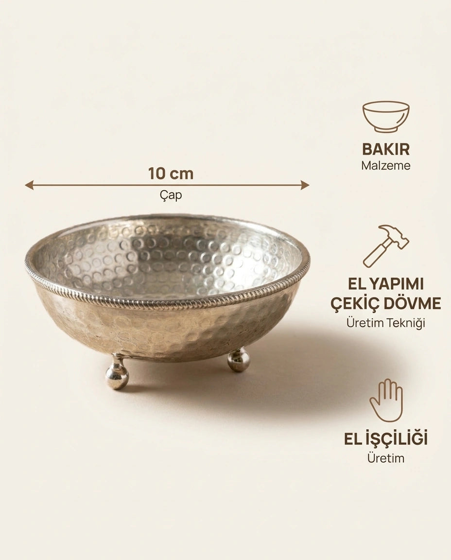 Çekiç Dövme Gümüş Bakır Çerezlik Top Ayaklı 10 cm, Antep İşi - Bilgi İnfografiği - Gaziantep Bakırcılık