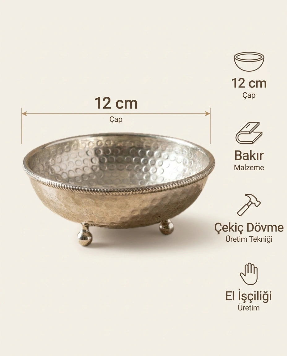 Çekiç Dövme Gümüş Bakır Çerezlik Top Ayaklı 12 cm, Antep İşi - Bilgi İnfografiği - Gaziantep Bakırcılık