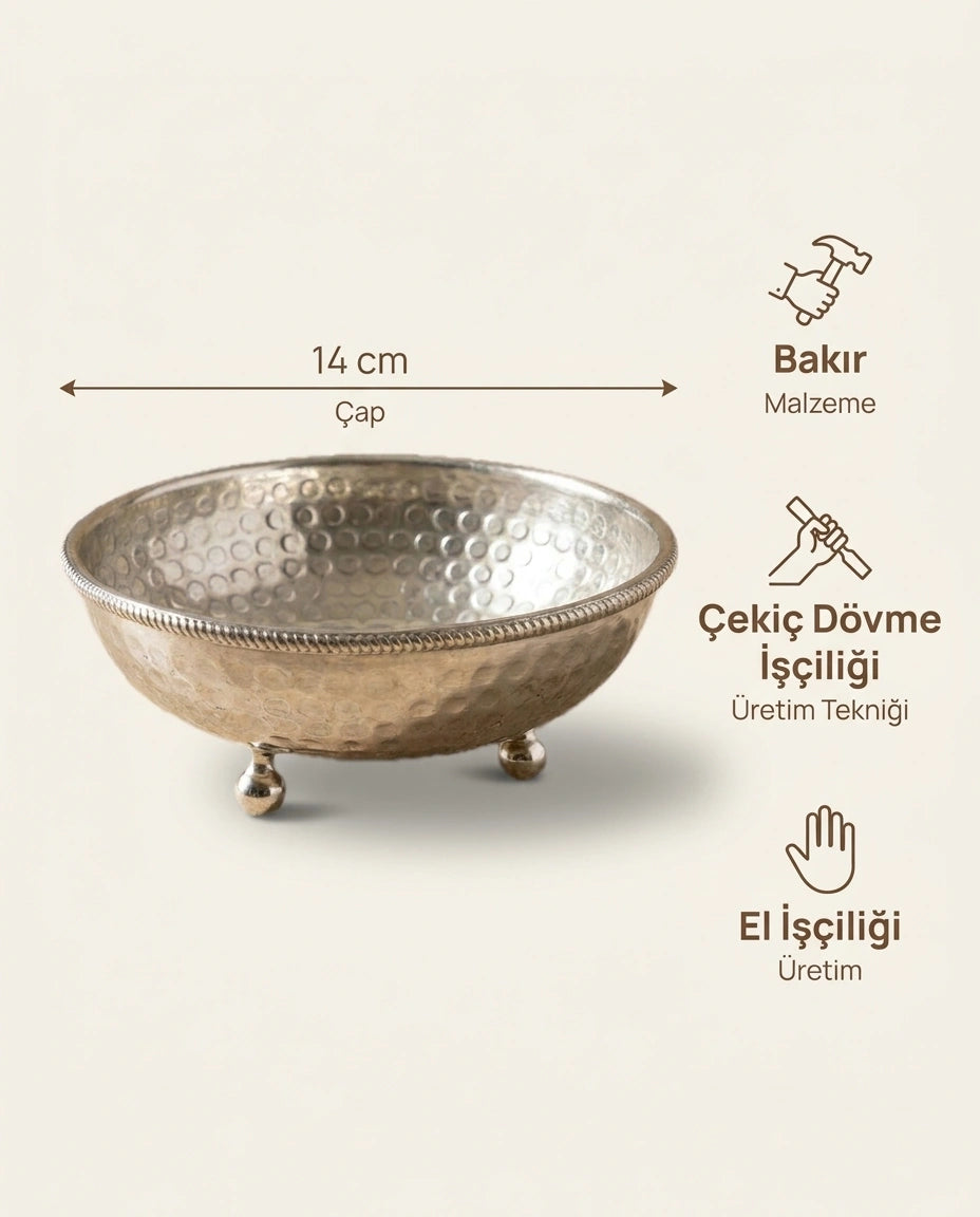 Çekiç Dövme Gümüş Bakır Çerezlik Top Ayaklı 14 cm, Antep İşi - Bilgi İnfografiği - Gaziantep Bakırcılık