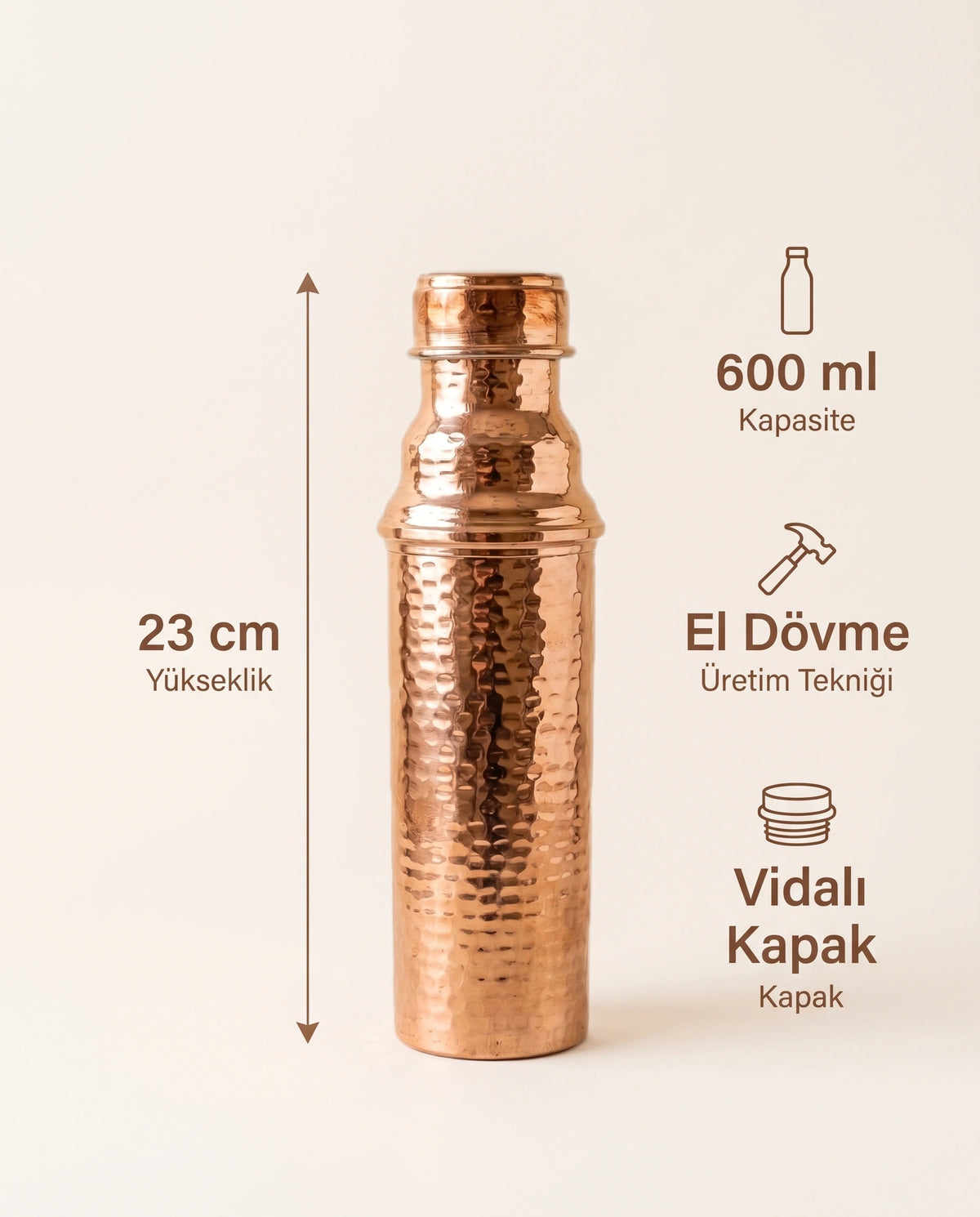 Çekiç Dövme Kızıl Bakır Matara 600 ml Dar Boyunlu, Antep İşi - Bilgi İnfografiği - Gaziantep Bakırcılık