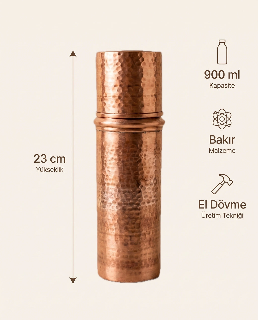 Çekiç Dövme Kızıl Bakır Matara 900 ml Bardak Kapaklı, Antep İşi - Bilgi İnfografiği - Gaziantep Bakırcılık