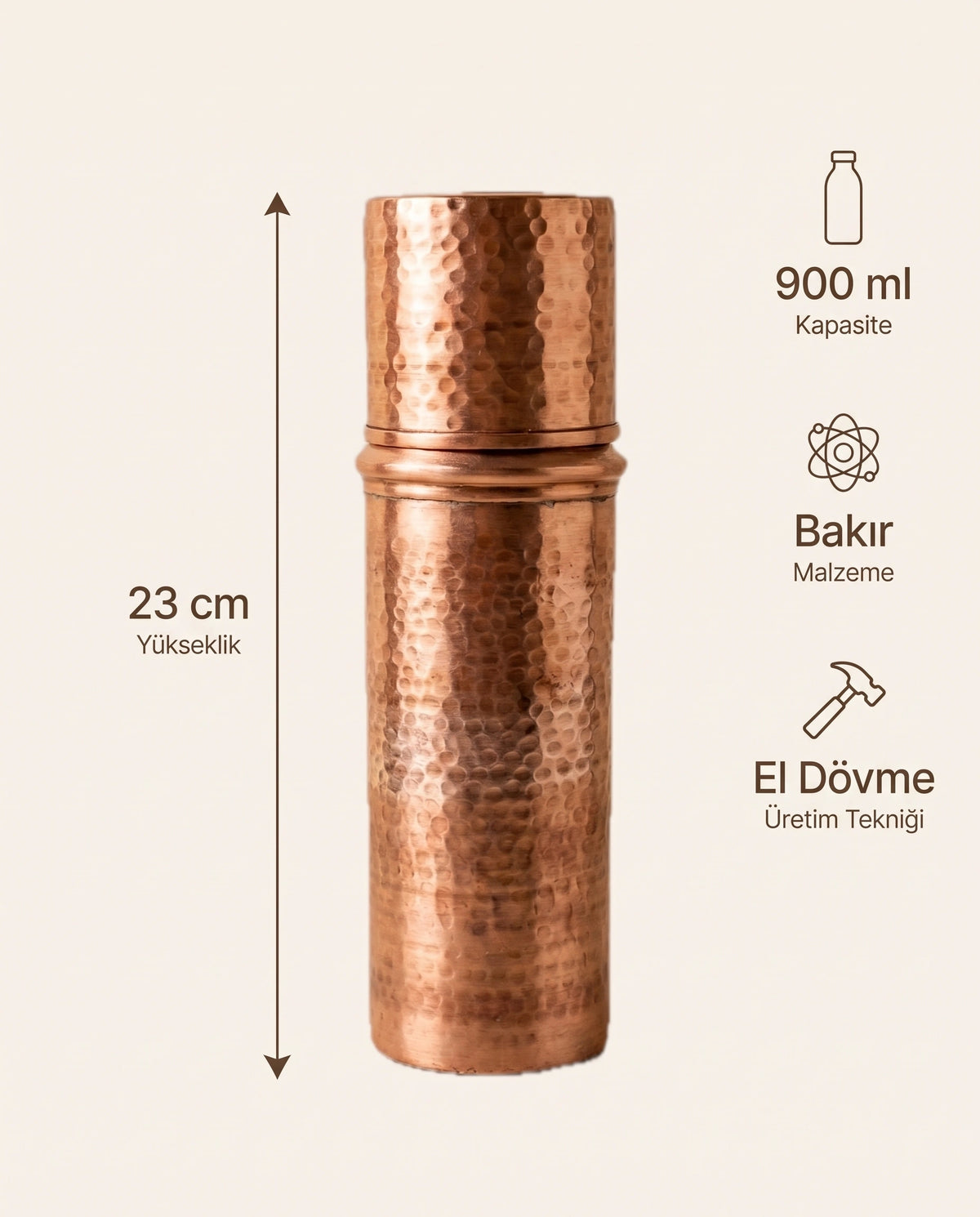 Çekiç Dövme Kızıl Bakır Matara 900 ml Bardak Kapaklı, Antep İşi - Bilgi İnfografiği - Gaziantep Bakırcılık