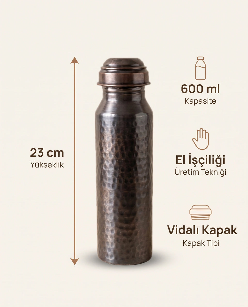 Çekiç Dövme Oksitli Eskitme Bakır Matara 600 ml, Kalaylı ve Kalaysız Seçenekli - Bilgi İnfografiği - Gaziantep Bakırcılık