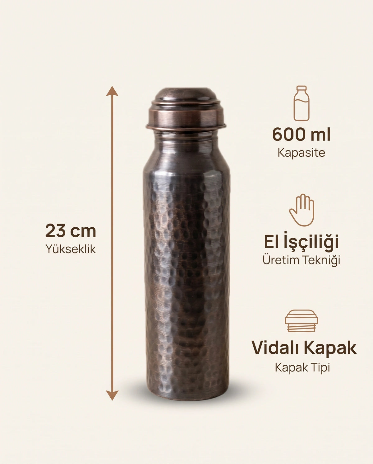 Çekiç Dövme Oksitli Eskitme Bakır Matara 600 ml, Kalaylı ve Kalaysız Seçenekli - Bilgi İnfografiği - Gaziantep Bakırcılık