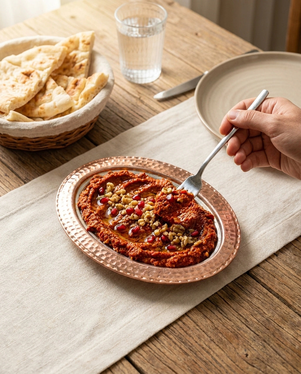 Cevizli meze sunumu yapılmış bakır kayık tabaktan çatalla porsiyon alınıyor. - Gaziantep Bakırcılık