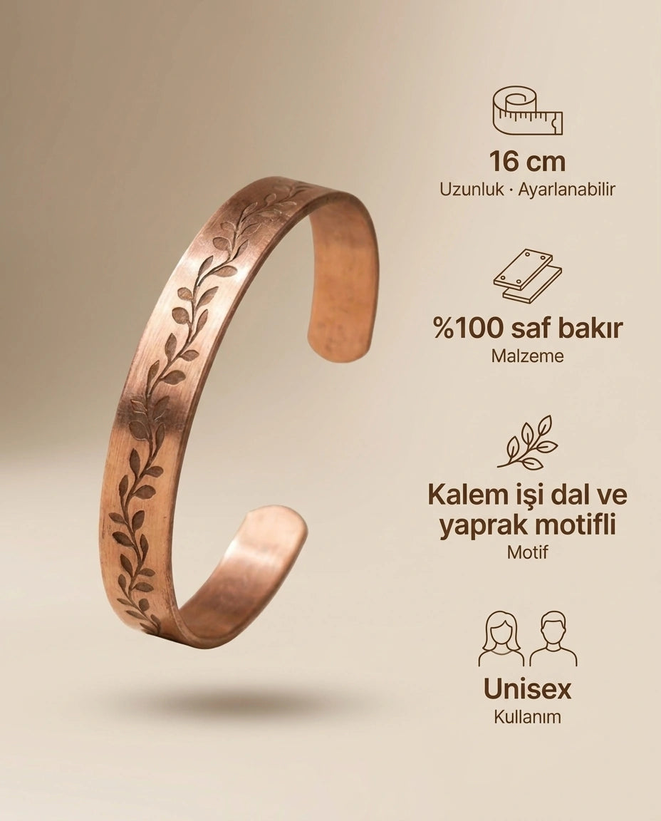Dal ve Yaprak Desenli Düz Plaka Bakır Bileklik - Bilgi İnfografiği - Gaziantep Bakırcılık
