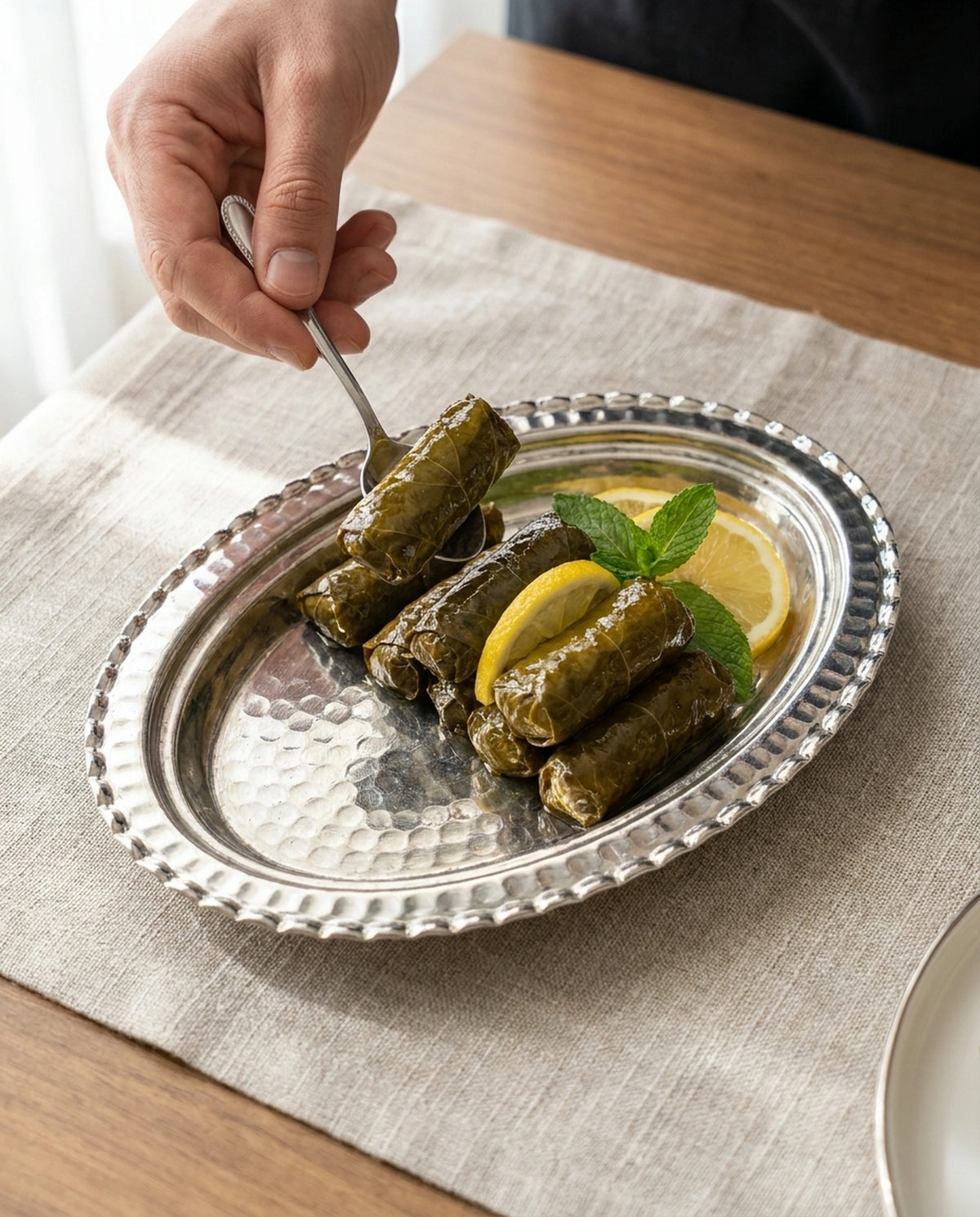 Keten örtü üzerinde, çekiç dövme bakır tabaktan çatalla zeytinyağlı yaprak sarma alınması. - Gaziantep Bakırcılık