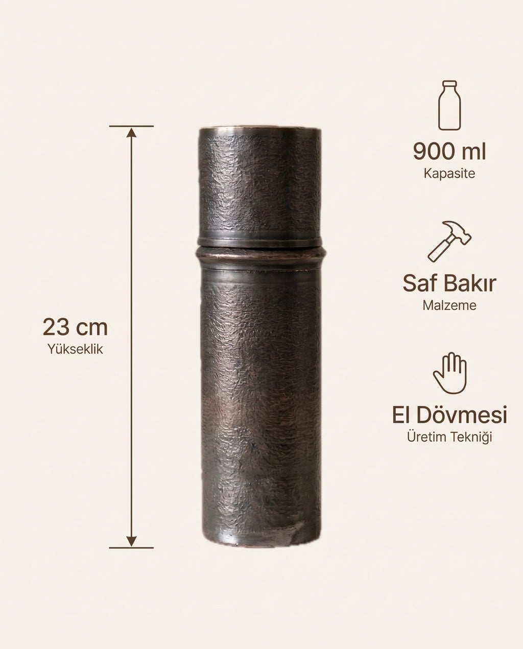 Dövme Desenli Eskitme Bakır Matara 900 ml, Antep İşi - Bilgi İnfografiği - Gaziantep Bakırcılık