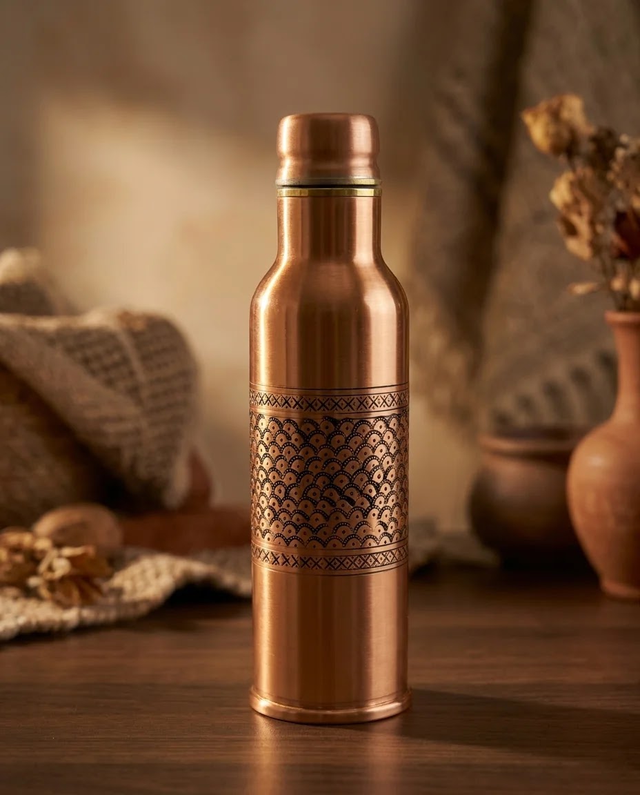 Dövme Desenli Kırmızı Bakır Matara 600 ml, Antep İşi - Gaziantep Bakırcılık