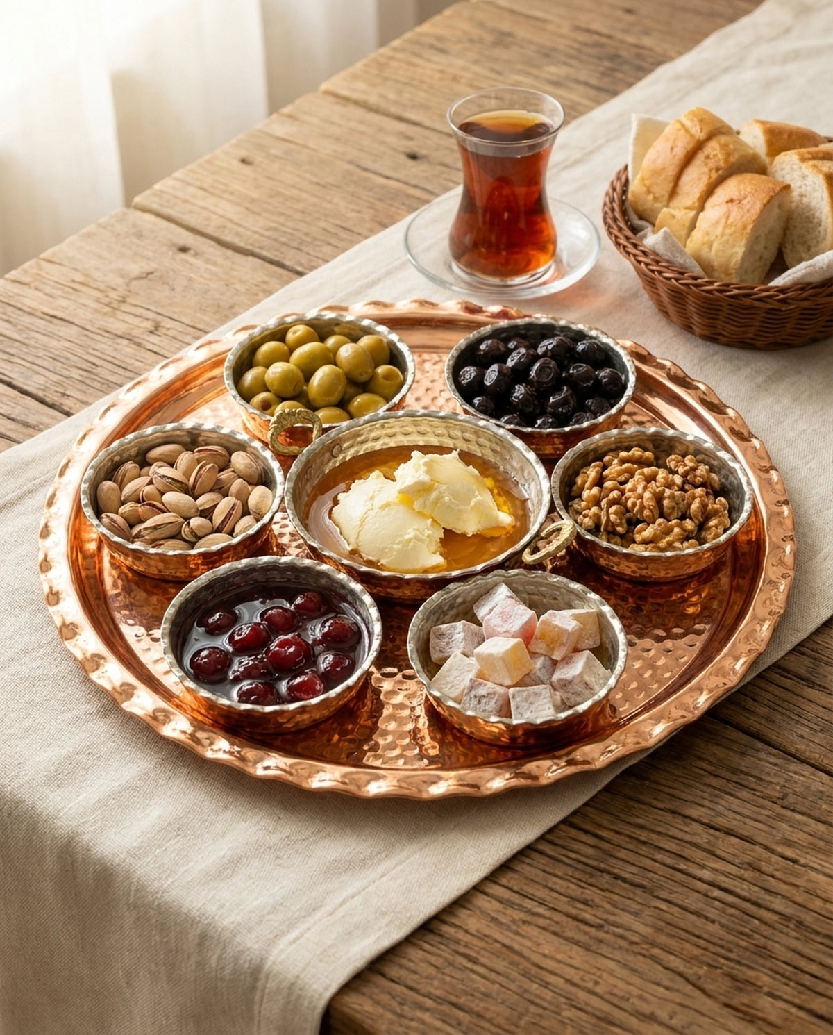 İçleri zeytin, ceviz, lokum ve reçel dolu bakır kahvaltı setinin çay ve ekmek eşliğinde ahşap masa sunumu - Gaziantep Bakırcılık