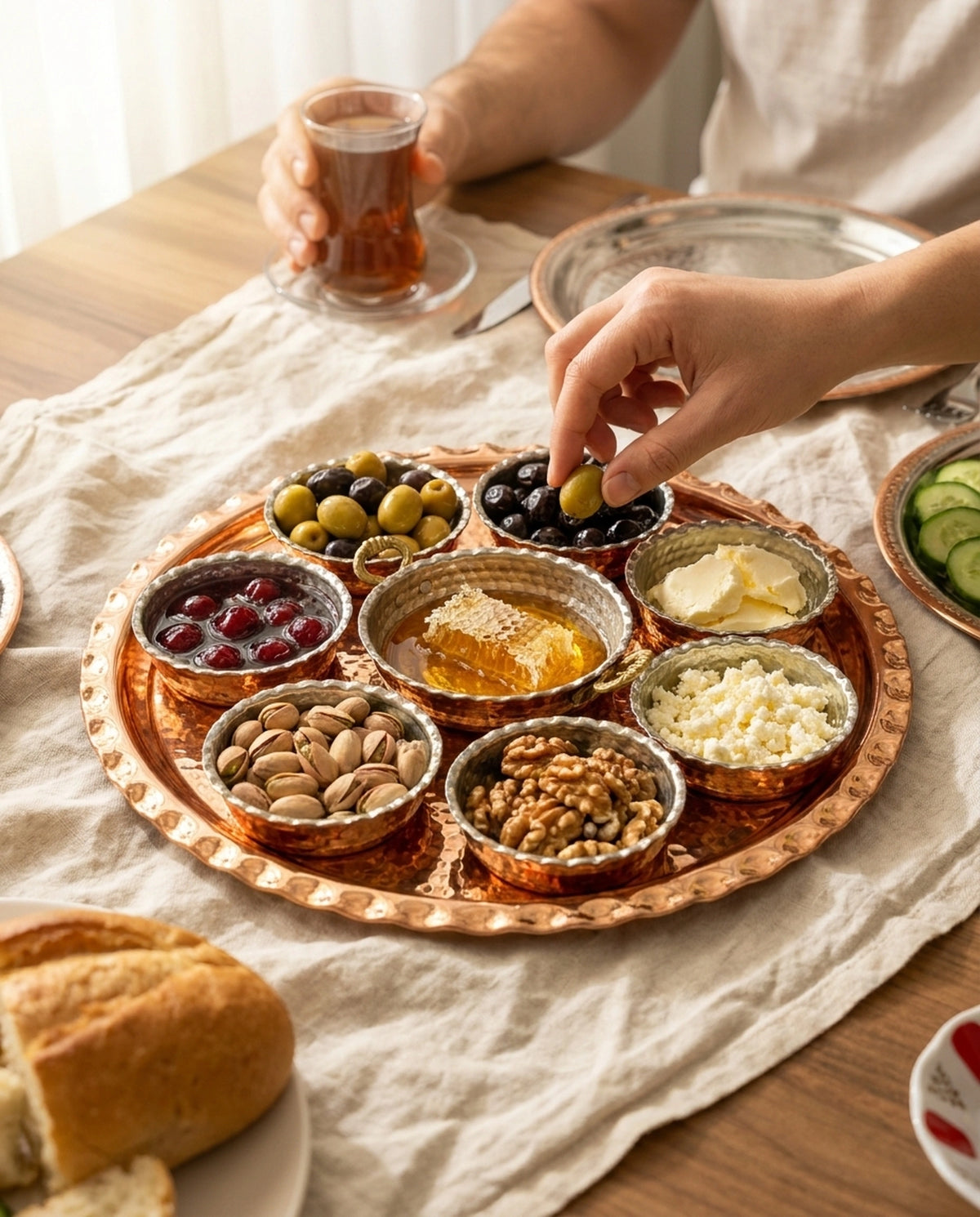 Kahvaltı sofrasında oturan bir kişinin bakır kaseden eliyle zeytin alırken görüldüğü kullanım anı - Gaziantep Bakırcılık