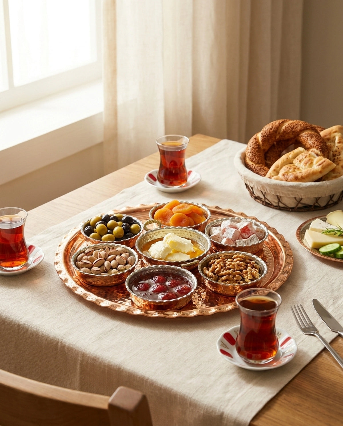 Aydınlık bir odada, çay bardakları ve taze simit ile hazırlanmış zengin kahvaltı sofrasında bakır sunum seti - Gaziantep Bakırcılık