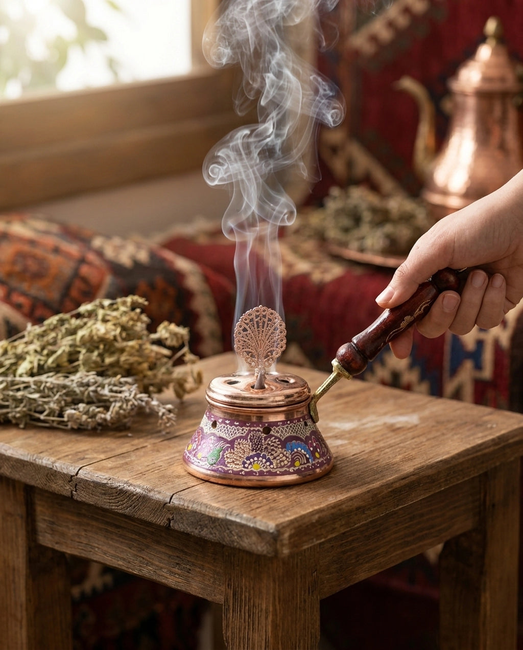 Duman tüten ahşap saplı mor bakır tütsülüğün otlar ve kilim eşliğindeki kullanım anı. - Gaziantep Bakırcılık
