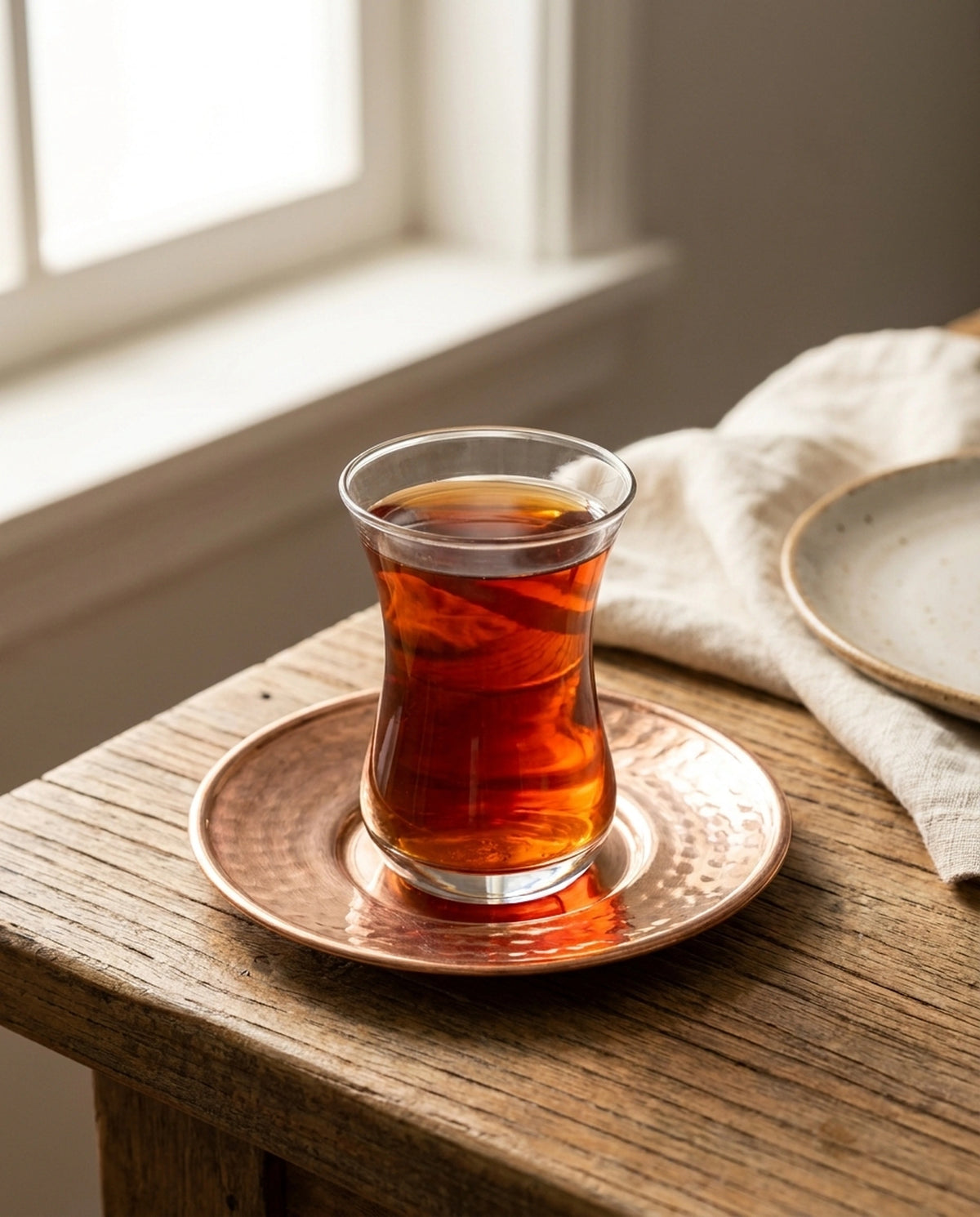 Ahşap masa üzerinde içi çay dolu ince belli bardak ve el dövmesi bakır bardak altlığı. - Gaziantep Bakırcılık
