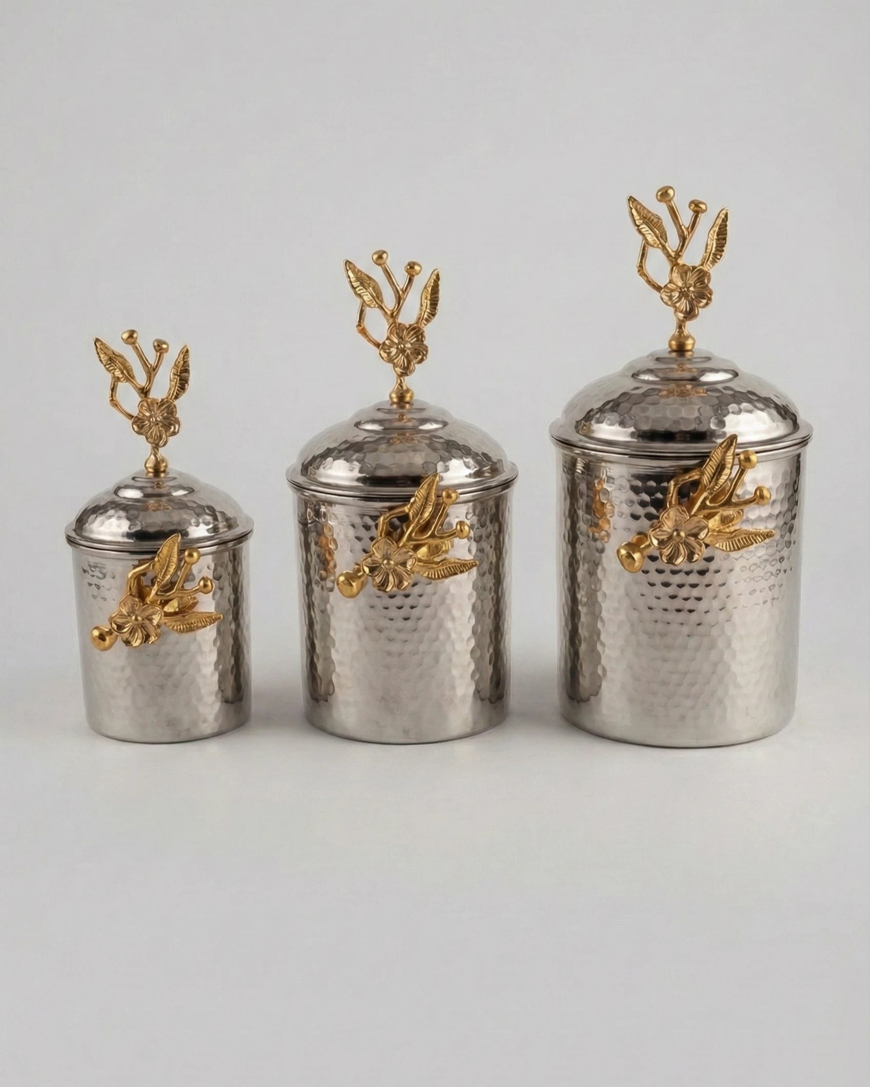 Geleneksel Çekiç Dövme Desenli Beyaz Bakır Baharat Takımı - 12-14-16 cm