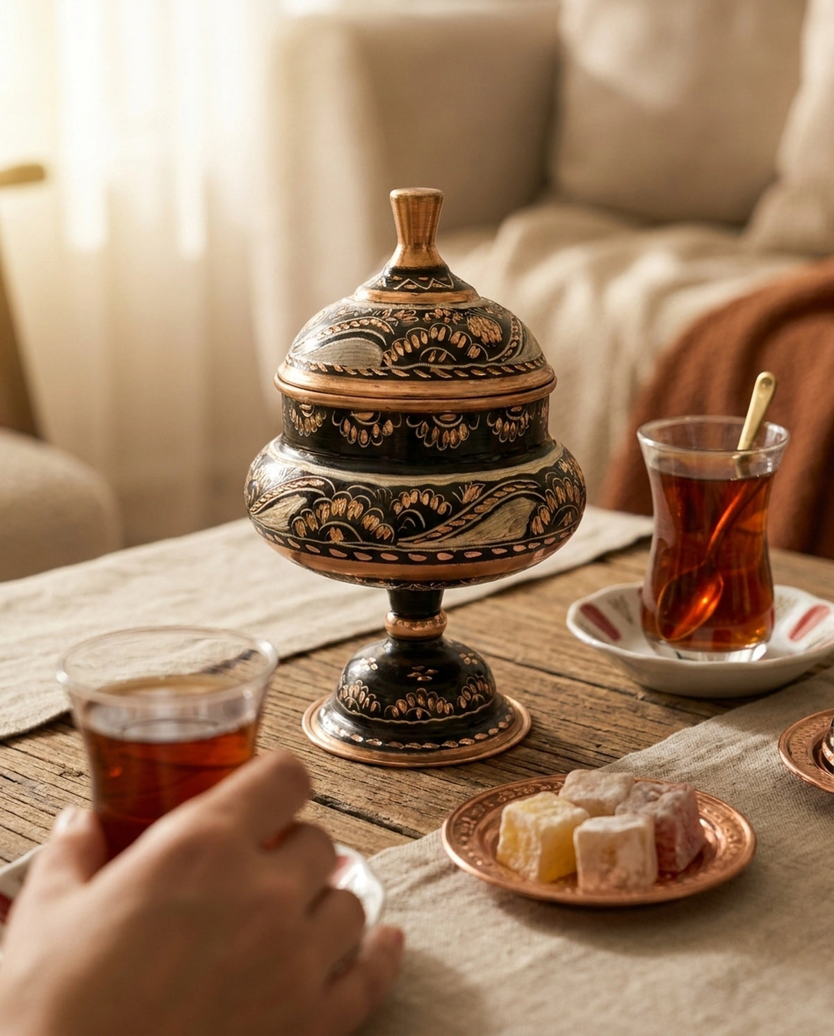 Ahşap masada çay bardakları ve lokum tabağı eşliğinde sergilenen kapaklı bakır şekerlik sunumu. - Gaziantep Bakırcılık
