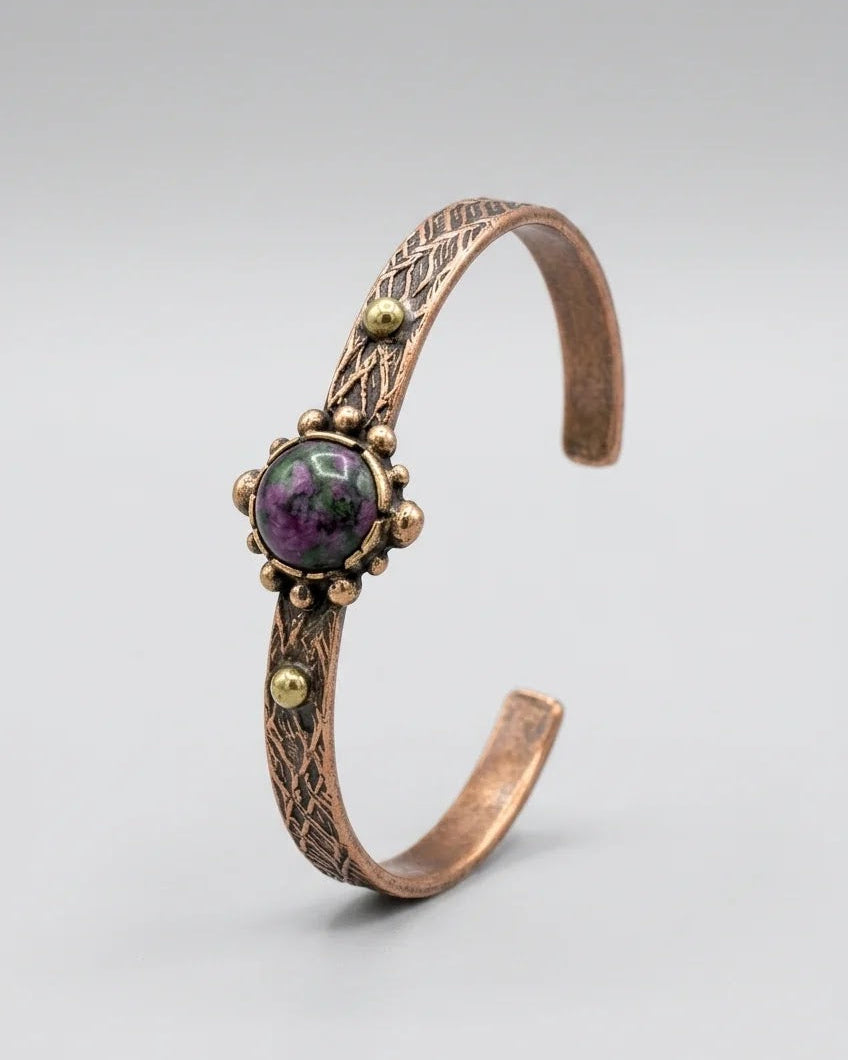 El İşlemesi Doğal Taşlı Bakır Bileklik, Antep İşi - Gaziantep Bakırcılık