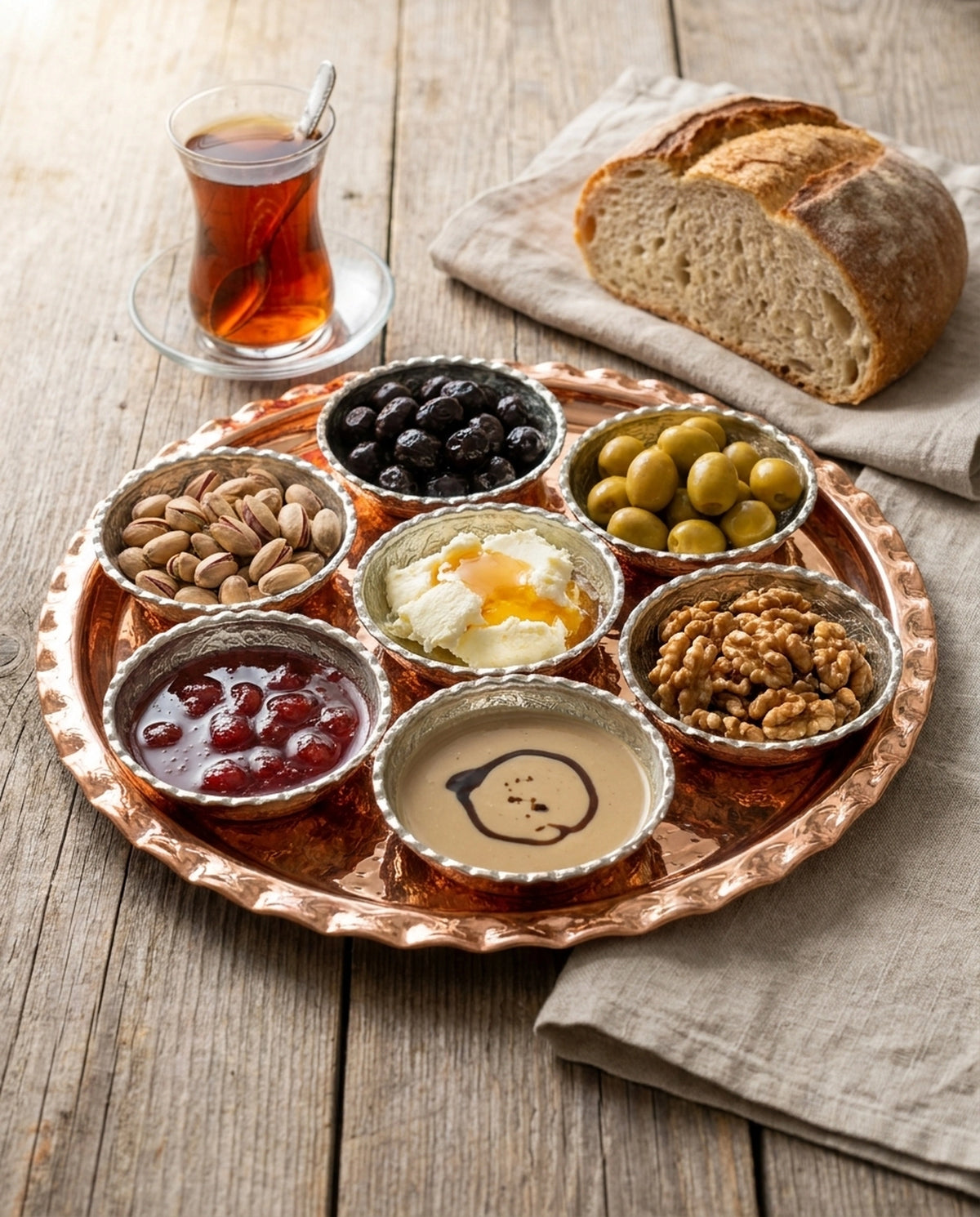 Zeytin, reçel ve kuruyemişlerle dolu bakır kahvaltı seti ve yanında ince belli bardakta çay - Gaziantep Bakırcılık
