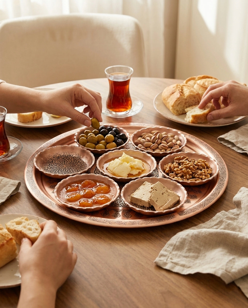 Aile sofrasında misafirlerin bakır kahvaltı setinden yiyecek aldığı doğal kullanım anı - Gaziantep Bakırcılık