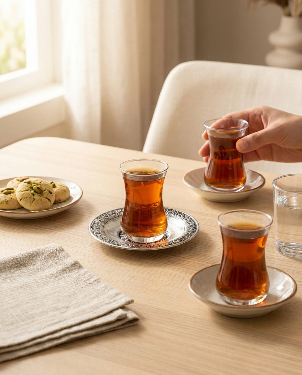 Kalabalık bir çay sofrasında kurabiyeler eşliğinde sunulan işlemeli bakır çay bardak altlığı. - Gaziantep Bakırcılık