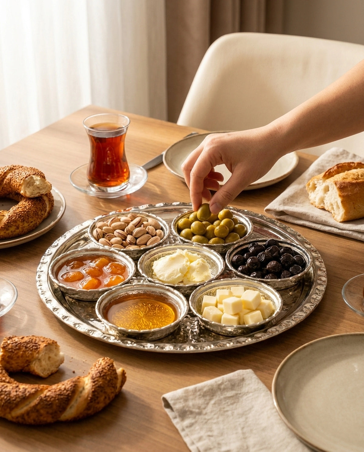 Simit ve çay bulunan masada, bakır kahvaltı setindeki zeytin kasesinden zeytin alan bir el - Gaziantep Bakırcılık
