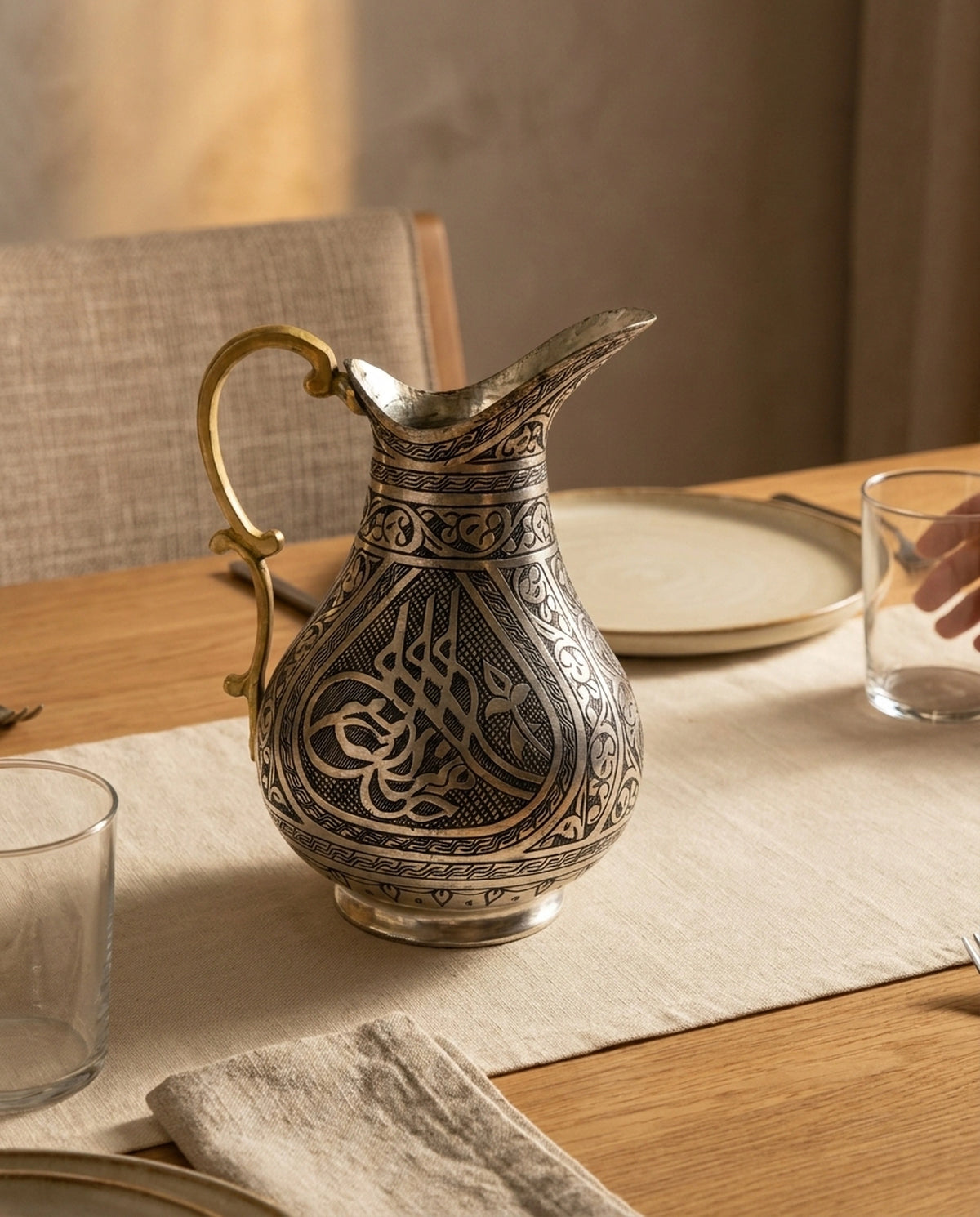 Şık bir yemek masasında, tabaklar ve bardaklar arasında sergilenen el oyması bakır sürahi. - Gaziantep Bakırcılık