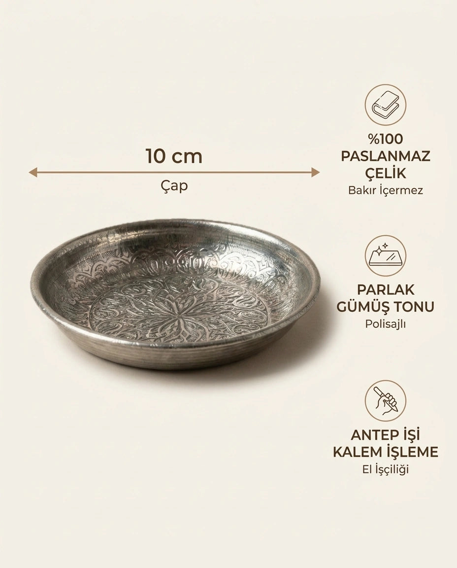 Geleneksel Selçuklu Desenli Parlak Paslanmaz Çelik 10 cm Sunum Tabağı - Bilgi İnfografiği - Gaziantep Bakırcılık