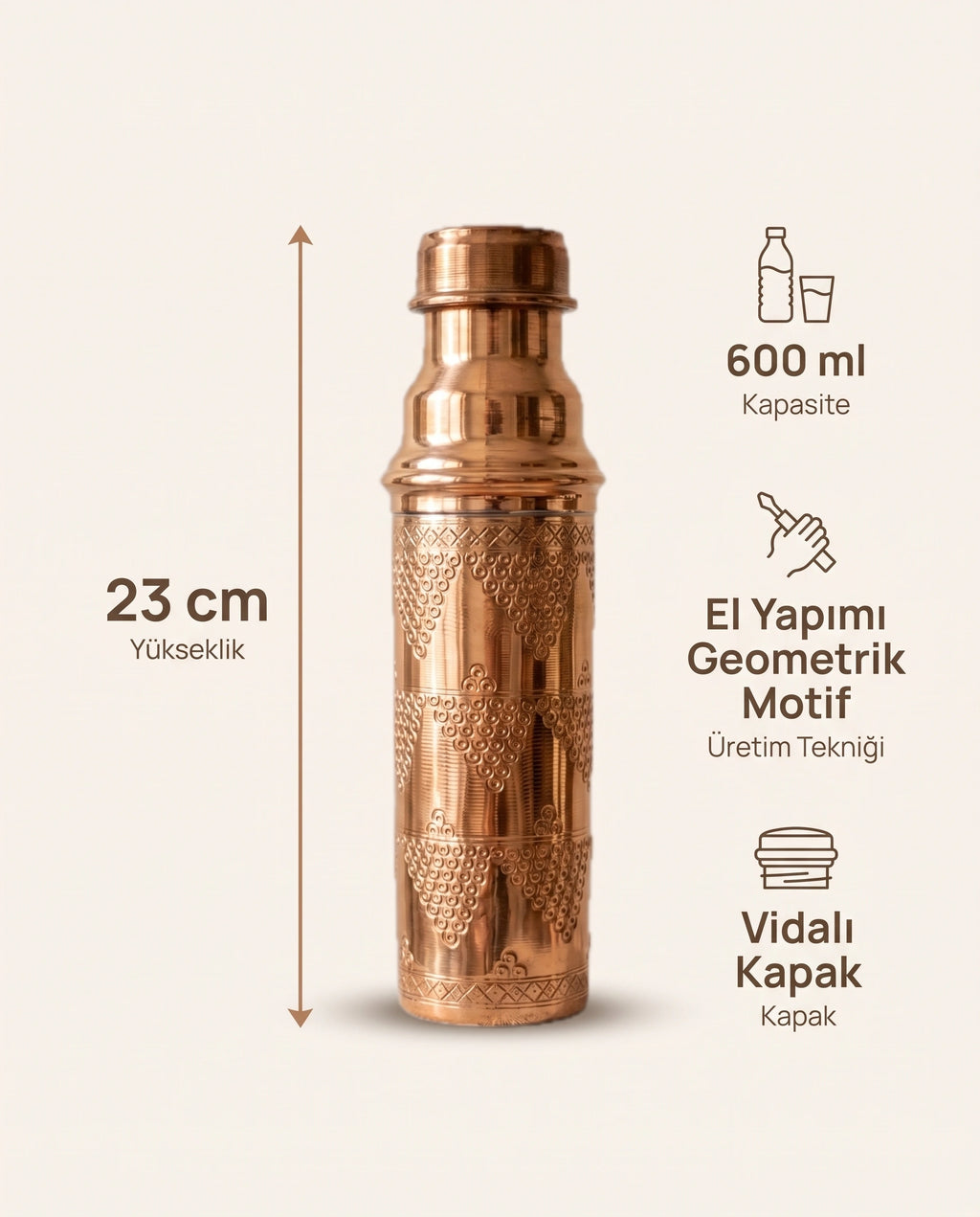 Geometrik Desenli Kızıl Bakır Matara 600 ml Vidalı Kapaklı, Antep İşi - Bilgi İnfografiği - Gaziantep Bakırcılık