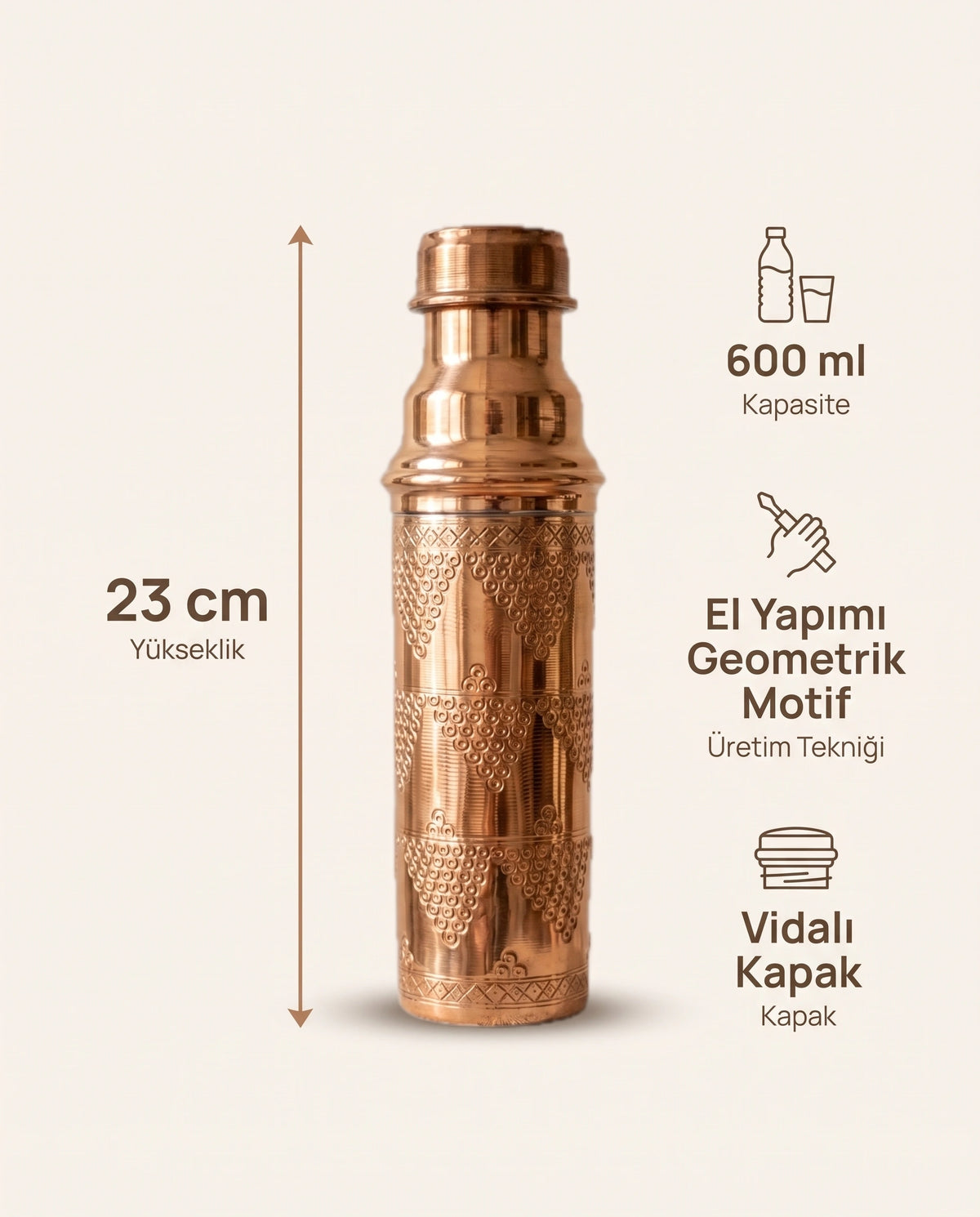 Geometrik Desenli Kızıl Bakır Matara 600 ml Vidalı Kapaklı, Antep İşi - Bilgi İnfografiği - Gaziantep Bakırcılık