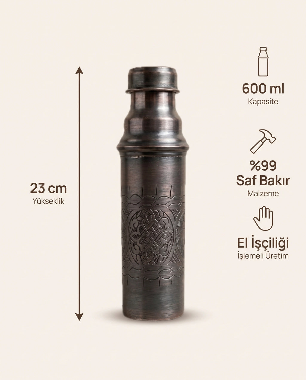 Geometrik Düğüm Motifli Eskitme Bakır Matara 600 ml, Antep İşi - Bilgi İnfografiği - Gaziantep Bakırcılık