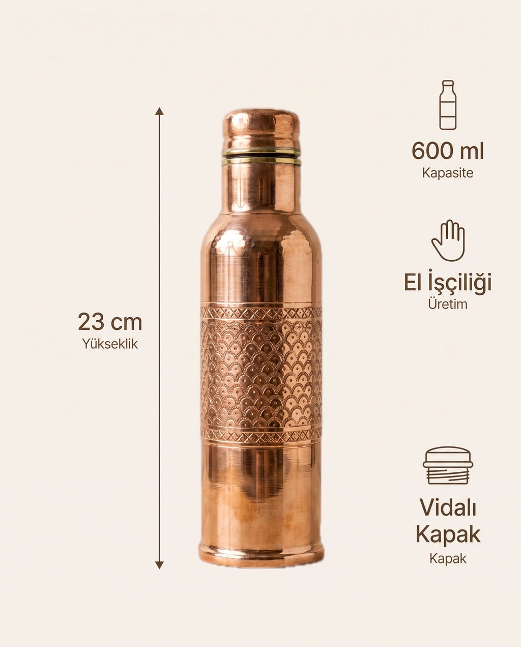 Geometrik Pul Desenli Kızıl Bakır Matara 600 ml, Antep İşi - Bilgi İnfografiği - Gaziantep Bakırcılık