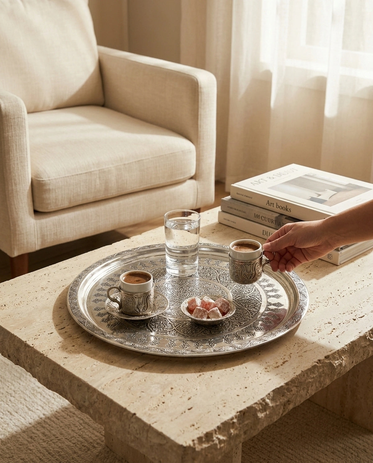 Modern bir salonda taş sehpa üzerinde kahve ikramı yapılan motifli gümüş tepsi - Gaziantep Bakırcılık