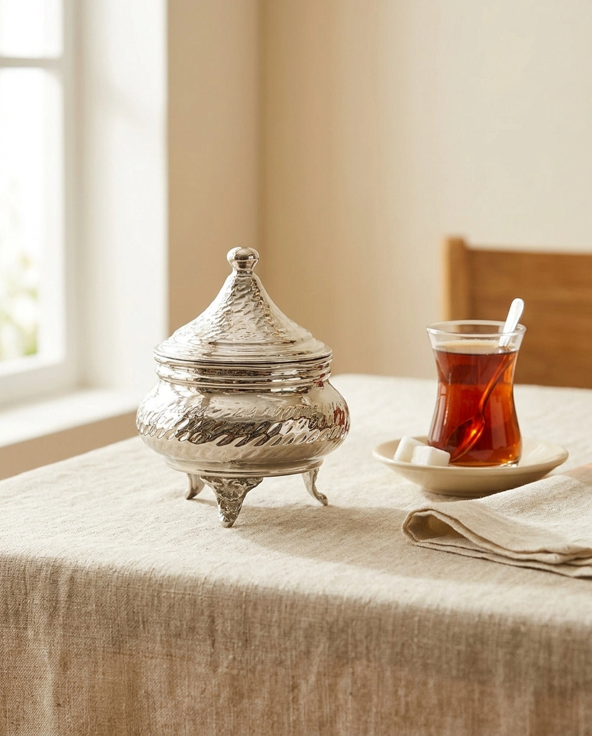 Keten masa örtüsü üzerinde çay bardağı ile sunulan gümüş renkli bakır şekerlik. - Gaziantep Bakırcılık