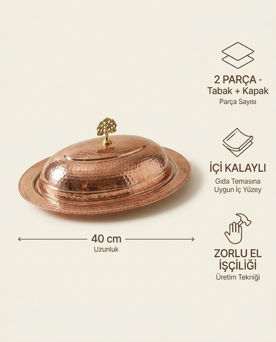 Hayat Ağacı Kulplu Kızıl Bakır Kayık Sunumluk 40 cm, Antep İşi - Bilgi İnfografiği - Gaziantep Bakırcılık