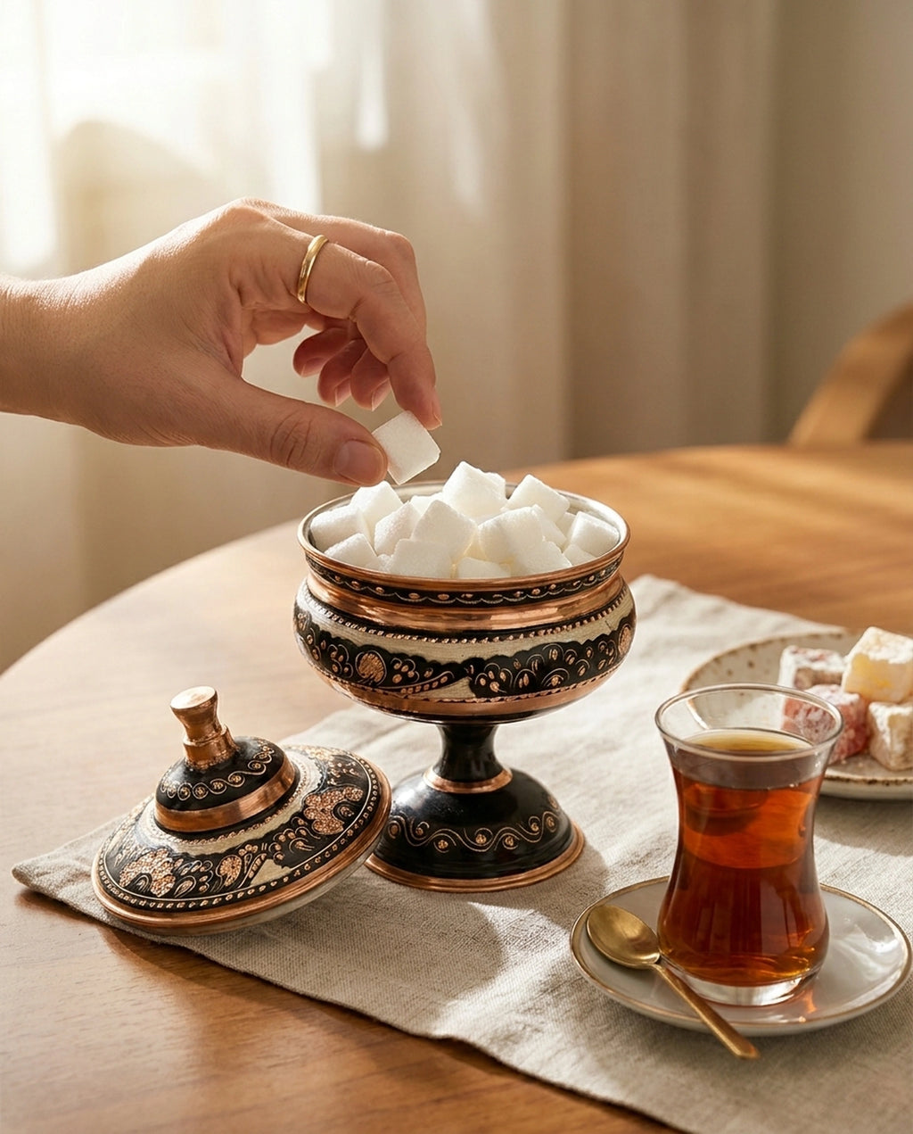 Çay ve lokum sunumlu masada, kapağı açık bakır şekerlikten elle küp şeker alınan an. - Gaziantep Bakırcılık
