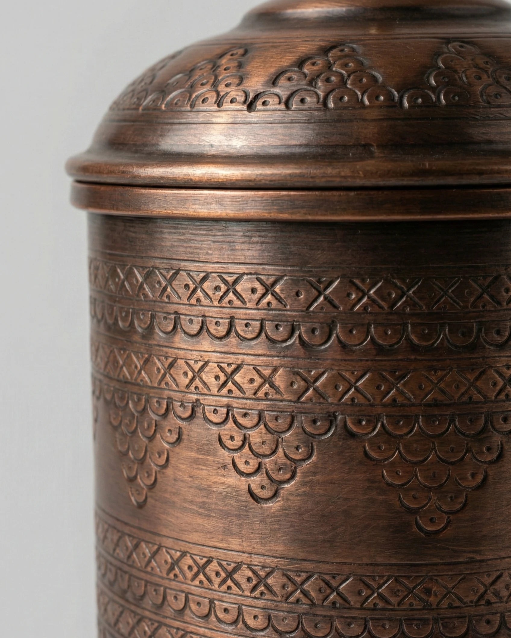 Pirinç Kulplu Eskitme Bakır Nakış İşlemeli Bakır Baharat Takımı - 12-14-16 cm